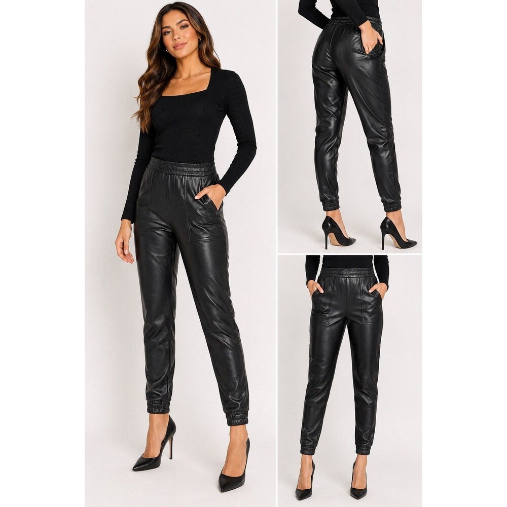 NWT SPANX Faux Leather Jogger Pants Black Vegan Leather Slim Tapered XS Chic